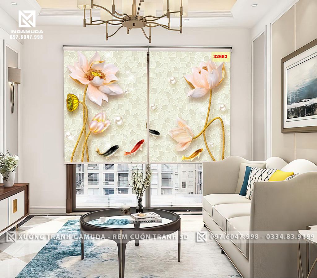 Rèm Cuốn Tranh 3D Hoa Sen Cá Chép Sang Trọng