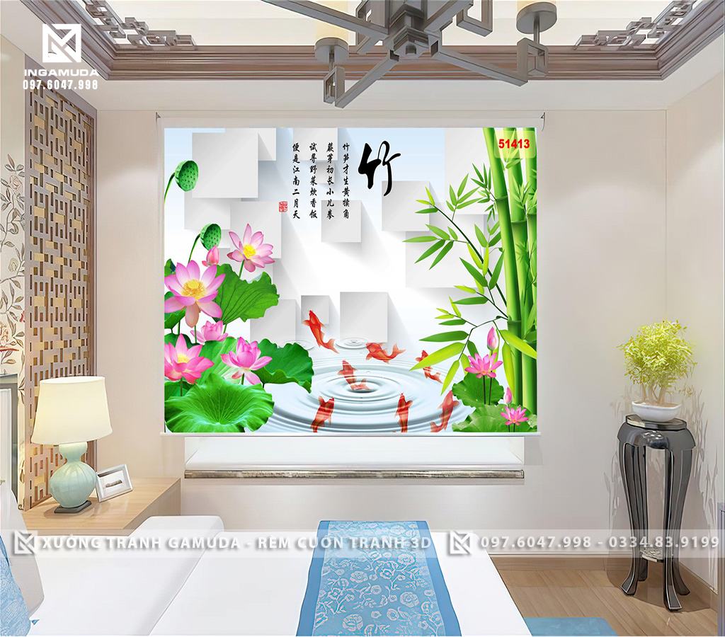 Rèm Cuốn Tranh Hoa Sen Cây Trúc Cá Chép 3D Thư Thái Sang Trọng Thanh Tịnh