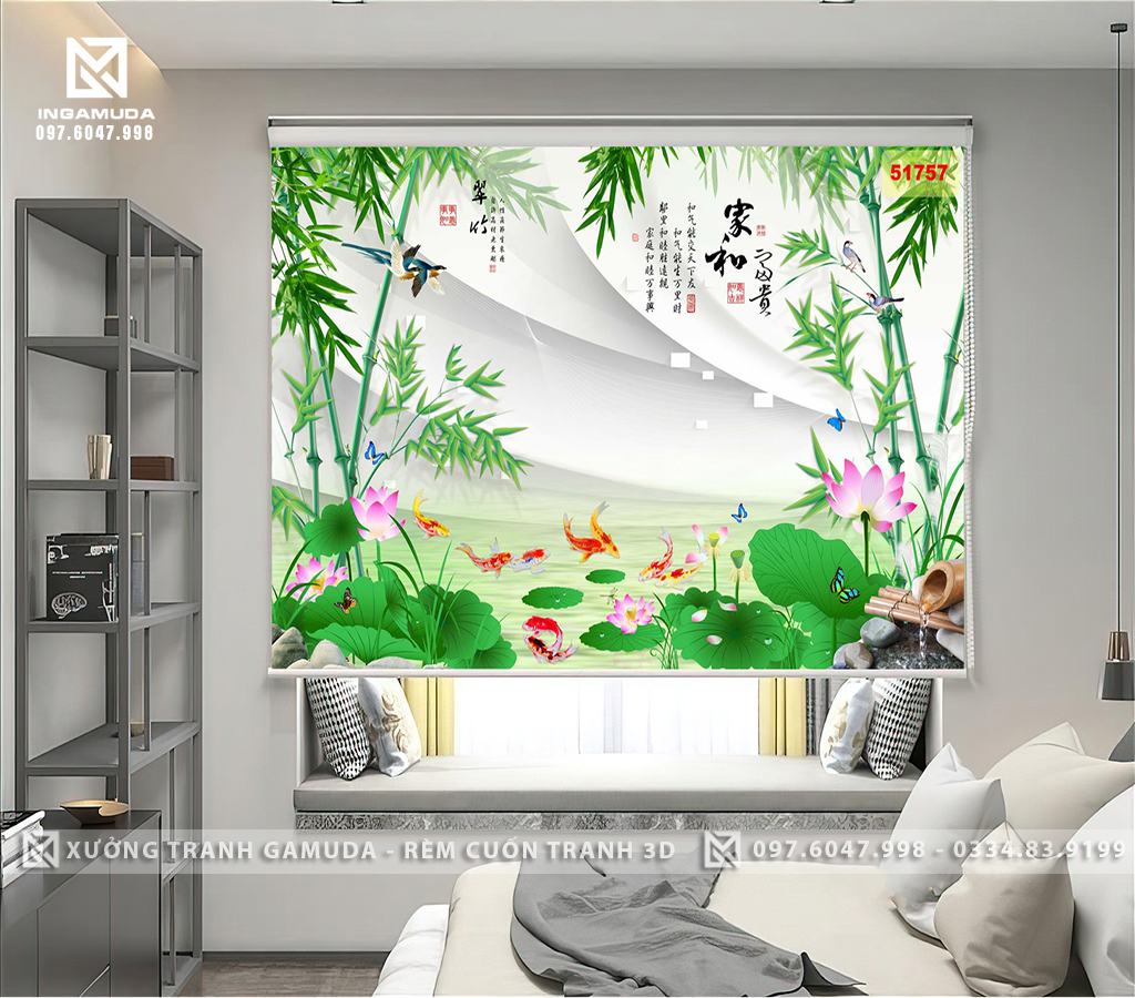 Rèm Cuốn Tranh Hoa Sen Cây Trúc Cá Chép 3D Thư Thái Sang Trọng