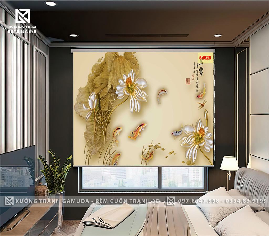 Rèm Cuốn Tranh 3D Cao Cấp In Hoa Sen Trắng Tại Xưởng Rèm Gamuda Phong Cách Cổ Điển