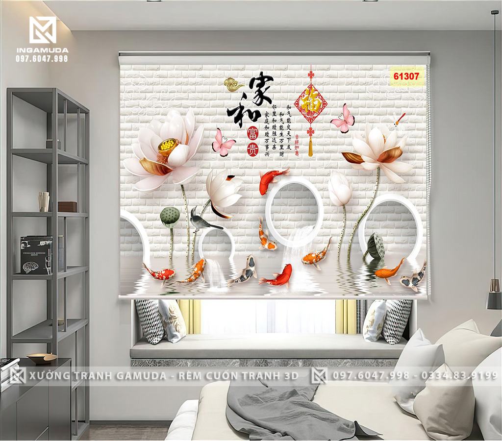 Rèm Cuốn Tranh 3D Cao Cấp In Hoa Sen Trắng Tại Xưởng Rèm Gamuda