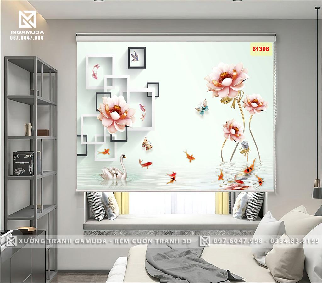 Rèm Cuốn Tranh 3D Cao Cấp In Hoa Sen Trắng