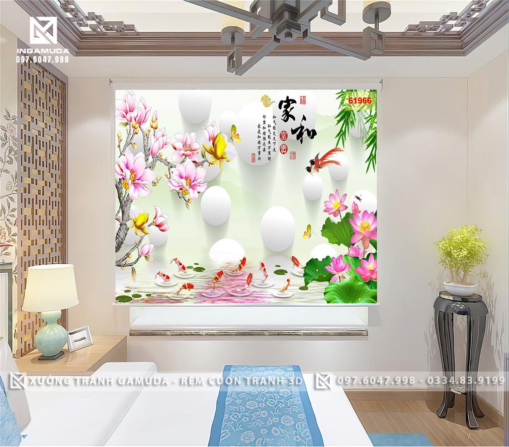 Rèm Cuốn Tranh 3D Hoa Sen Cá Chép Hoa Mộc Lan Tài Lộc Xưởng Rèm Gamuda