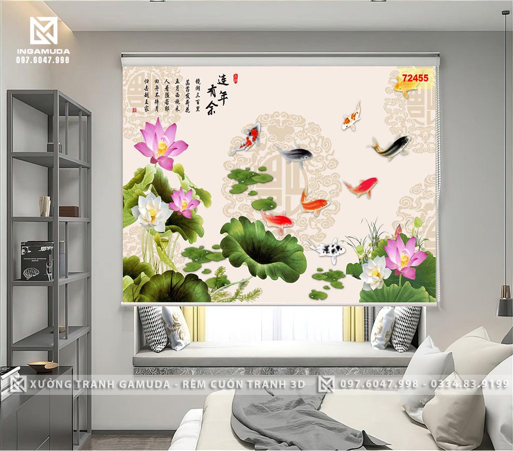 Rèm Cuốn Tranh Hoa Sen Cá Chép Tài Lộc Rèm In 3D Cản Sáng Cản Nhiệt Tại Xưởng Rèm Gamuda
