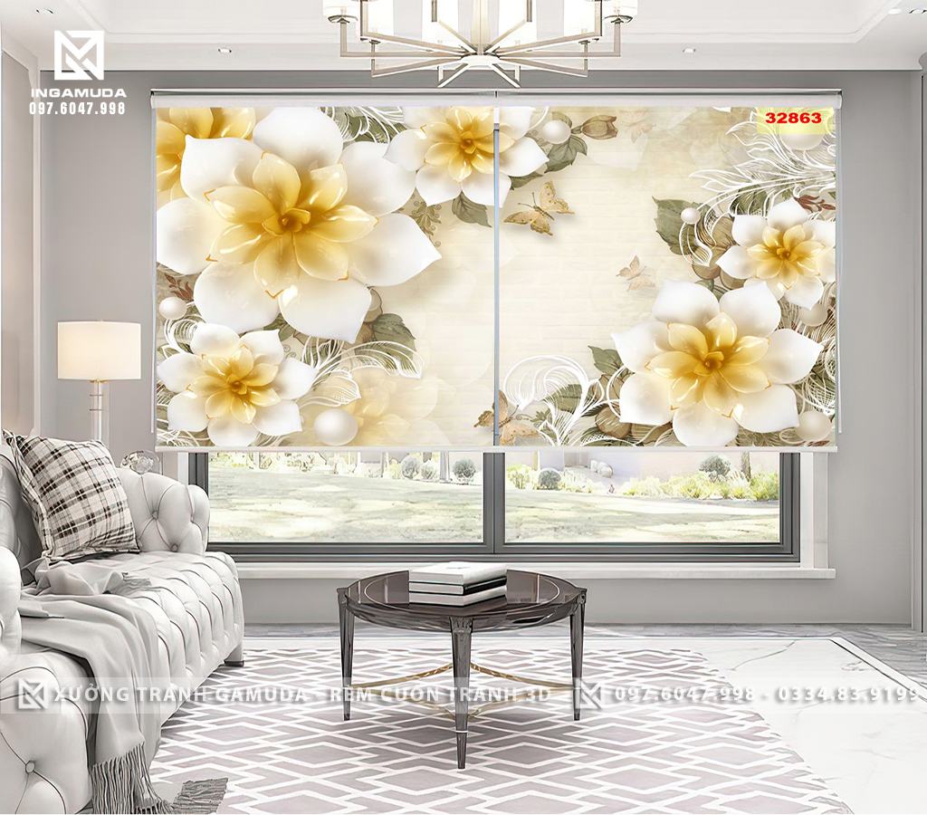 Rèm Cuốn In Tranh 3D In HÌnh Những Bông Hoa Sen Đá Đẹp Nhất - Rèm Cuốn Tranh 3D Giá Đại Lý
