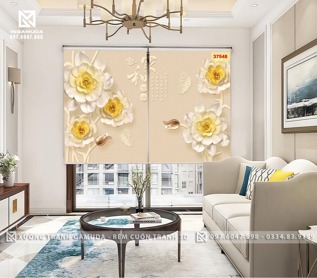 Rèm Cuốn Tranh 3D In Hình Bông Hoa Sen Đá , Bông Hoa Sen Đá Mang Sự Bình An Điềm Lành Cho Gia Chủ - Rèm Cản Nắng Cản Nhiệt Tốt