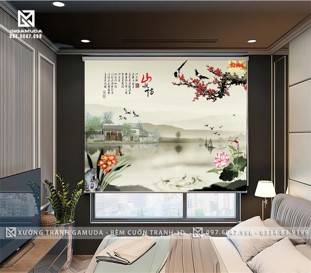 Rèm Cuốn Tranh In Họa Tiết Indochine Hoa Sen Hồng Biểu Tượng Của Đức Phật- Rèm Cản Sáng Cản Nhiệt Xưởng Rèm Gamuda