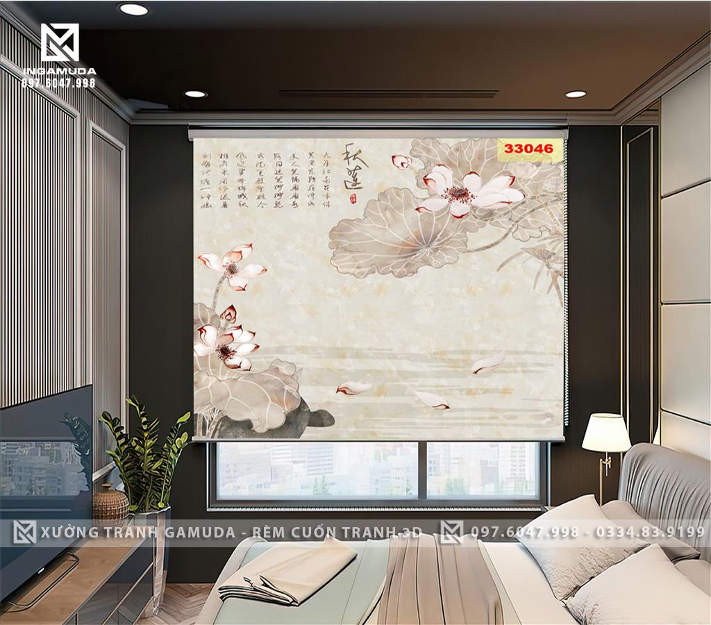 Rèm Cuốn Tranh In Họa Tiết Indochine Hoa Sen Trên Nền Ngọc Biểu Tượng Cho Phong Thủy