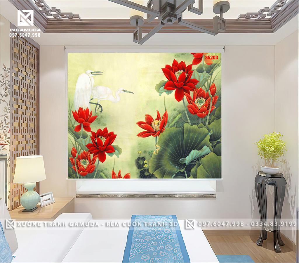 Rèm Cuốn Tranh In Hoạ Tiết Indochine Hình Hoa Sen Đỏ Gắn Liền Với Hình Ảnh Trái Tim, Tình Yêu Và Sự Từ Bi