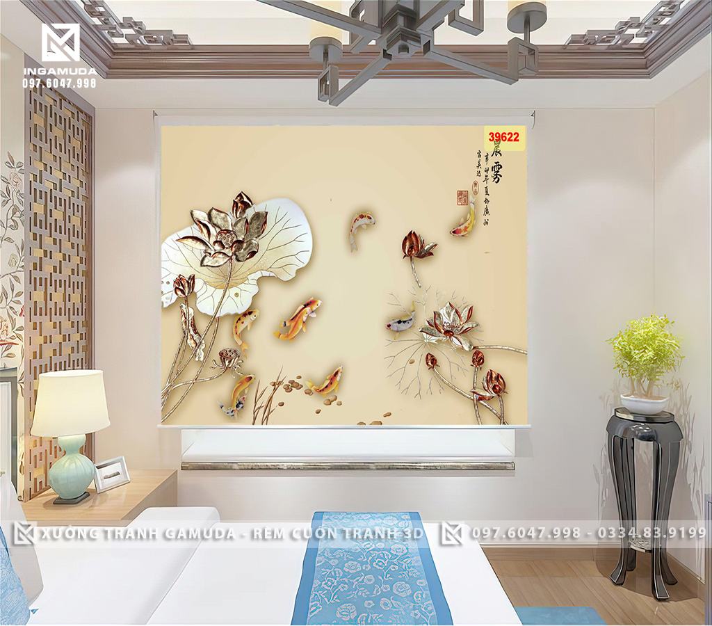 Rèm Cuốn Tranh In Họa Tiết Indochine Hoa Sen Trắng Tượng Trưng Cho Sự Tinh Khiết, Thanh Cao