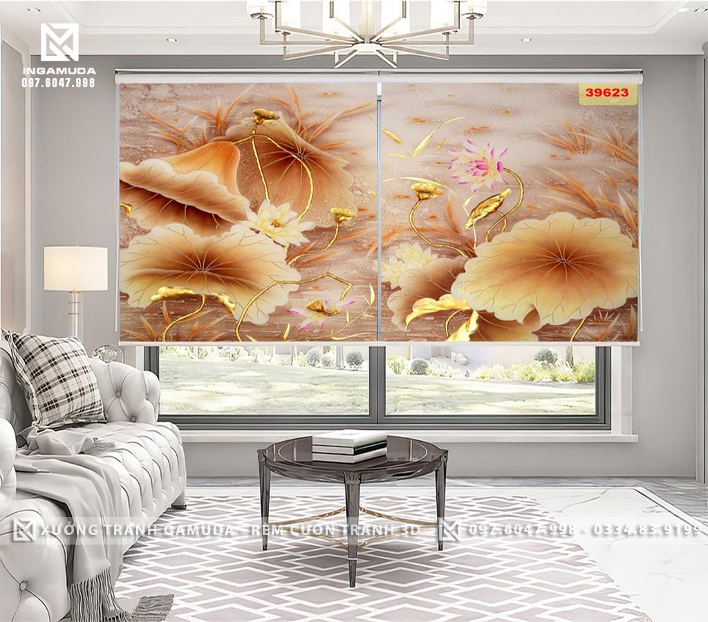 Rèm Cuốn Tranh In Họa Tiết Indochine Hoa Sen Vàng Tượng Trưng Cho Sự Hòa Bình, Thịnh Vượng Trên Gam Màu Vàng Sang Trọng - Xưởng Rèm Gamuda In Ấn Và Sran Xuất Theo Đơn Đặt Hàng