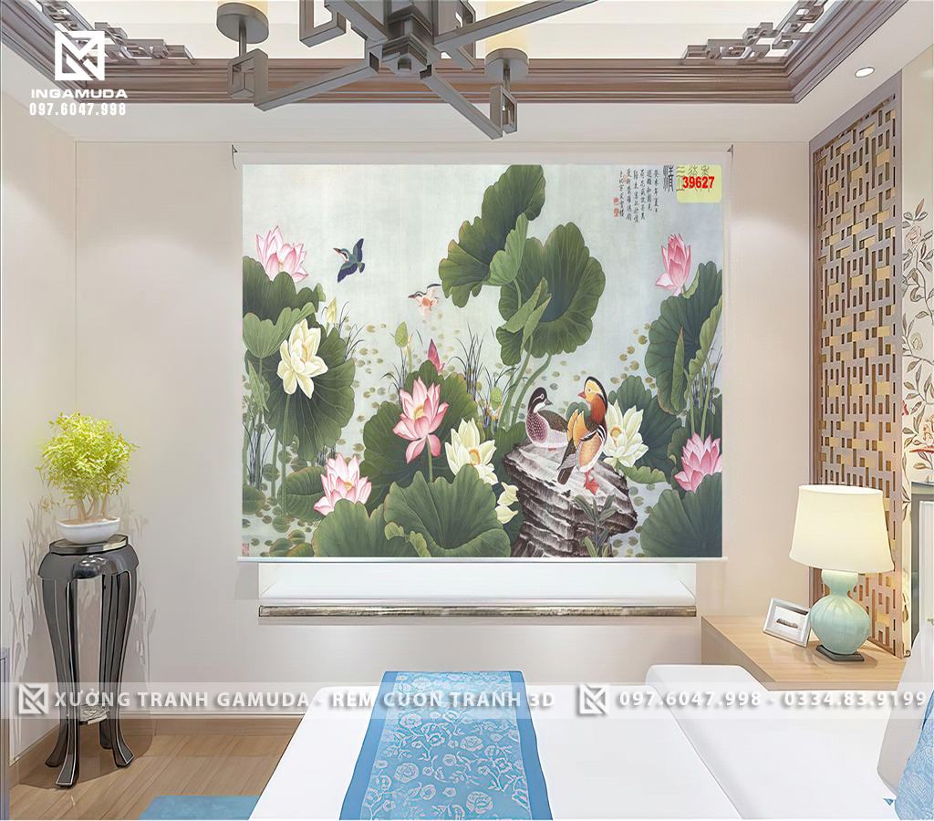 Rèm Cuốn Tranh In Họa Tiết Indochine Hoa Sen Hồng Tượng Trưng Cho Vẻ Đẹp Bình Dị - Xưởng Rèm Gamuda In Ấn Và Sản Xuất Theo Đơn Đặt Hàng
