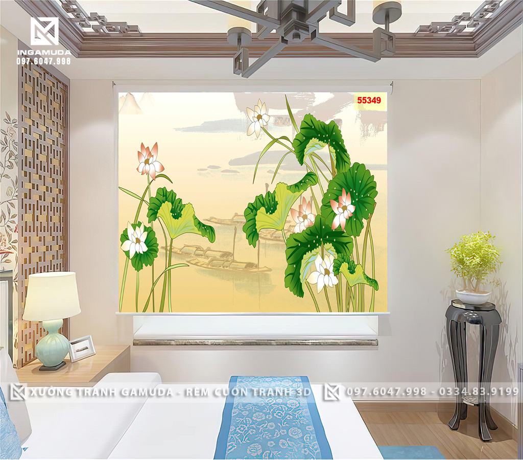 Rèm Cuốn Tranh In 3D Họa Tiết Indochine Đầm Hoa Sen