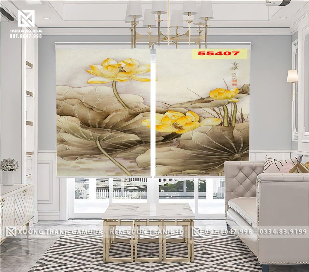 Rèm Cuốn Tranh 3D In Họa Tiết Indochine Hoa Sen Vàng Tượng Trưng Cho Tình Yêu Và Sự Từ Bi- Rèm Cản Sáng Cản Nhiệt