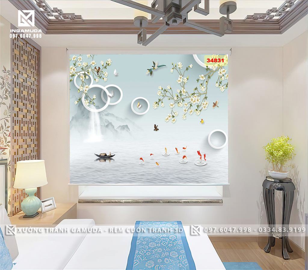Rèm Cuốn Tranh 3D Cản Sáng Cản Nhiệt In Tranh Cá Chép Hoa Mộc Lan Nền Trắng Sang Trọng