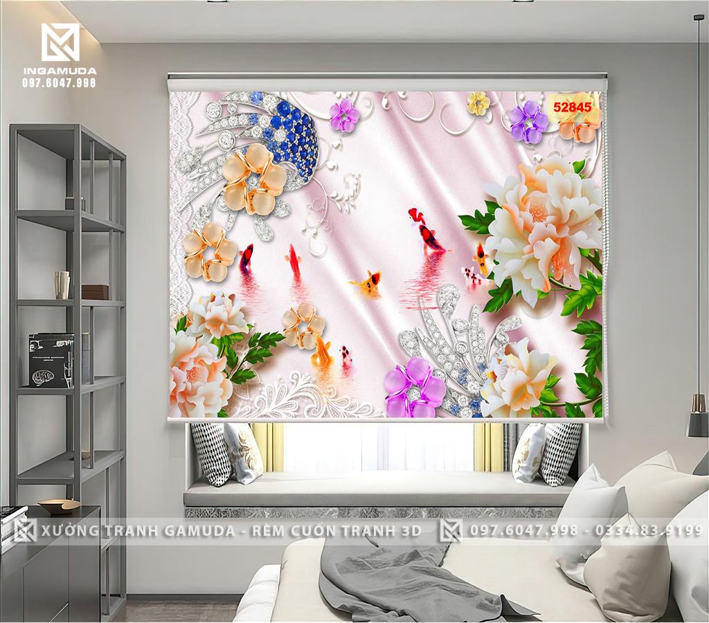 Rèm Cuốn Tranh 3D Cản Sáng Cản Nhiệt In Tranh Cá Chép Hoa Sen