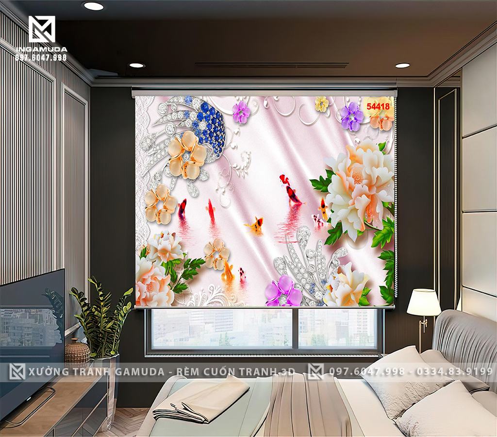 Rèm Cuốn In Tranh 3D Gamuda Hình Hoa 3D Cá Chép