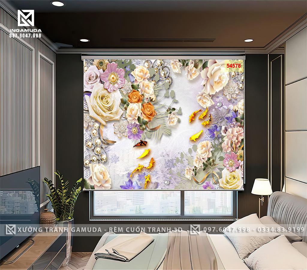 Rèm Cuốn In Tranh 3D Gamuda Hình Hoa 3D Cá Chép