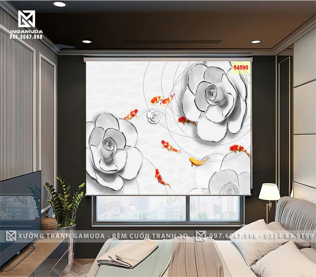 Rèm Cuốn In Tranh 3D Cá Chép Hiện Đại Hoa Sen Đá Mầu Trắng