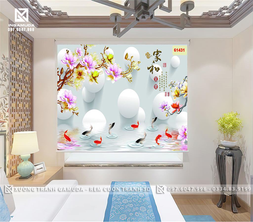 Rèm Cuốn In Tranh 3D Xưởng Rèm Gamuda Sản Xuất Rèm Cản Sáng Cản Nhiệt In Tranh Cá Chép Hoa Mộc Lan Sang Trọng