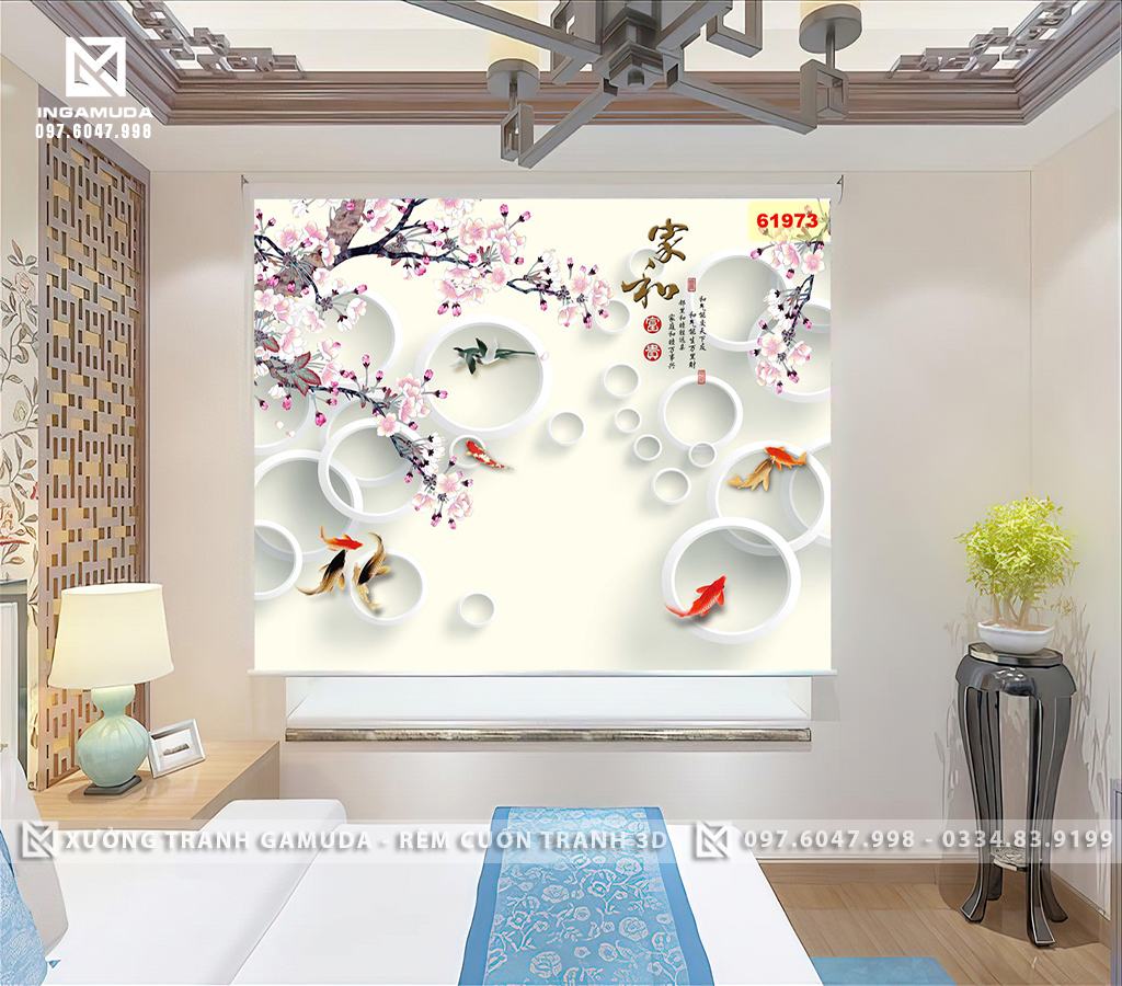 Rèm Cuốn In Tranh 3D Xưởng Rèm Gamuda Sản Xuất Rèm Cản Sáng Cản Nhiệt In Tranh Cá Chép Hoa Mộc Lan