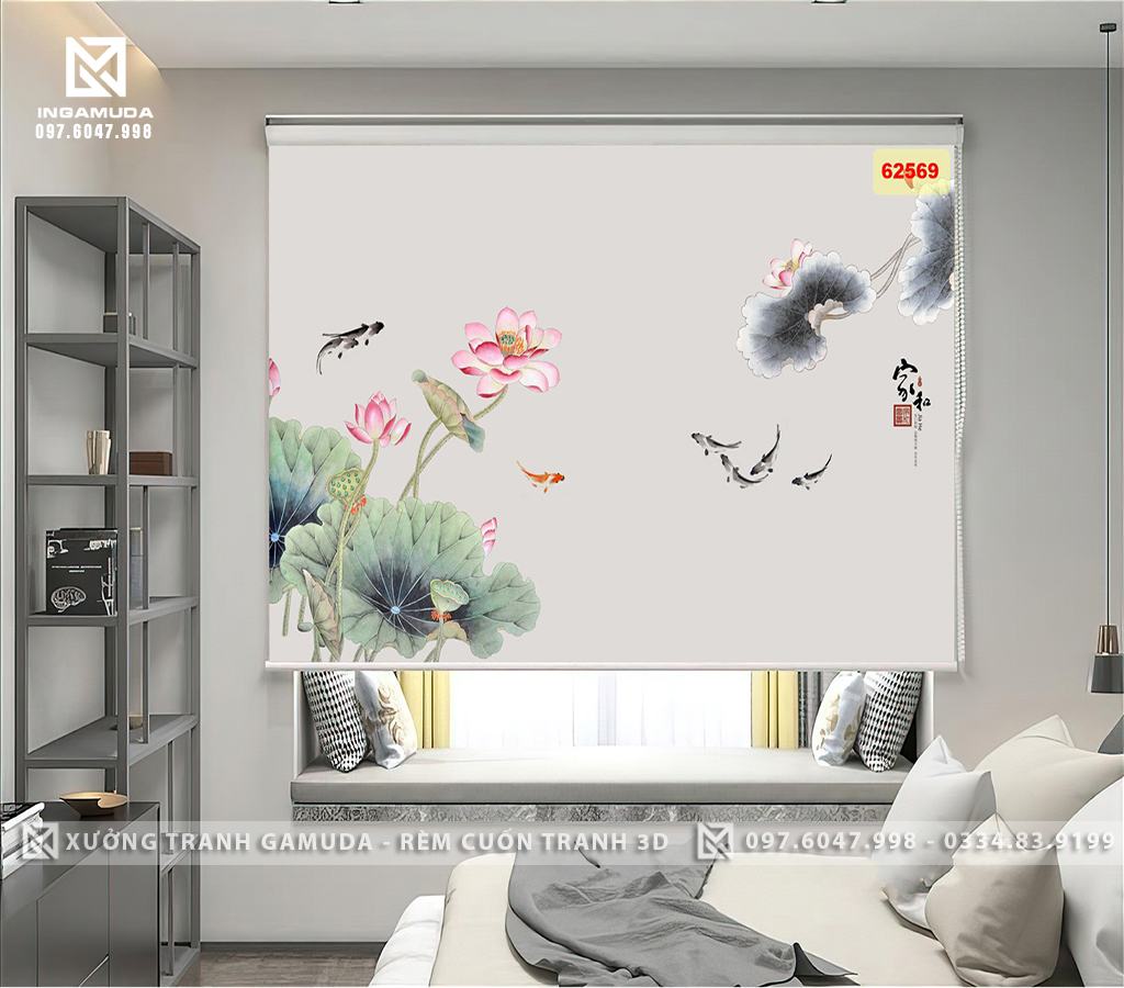 Rèm Cuốn Tranh 3D Cản Sáng Cản Nhiệt In Tranh Cá Chép Hoa Sen