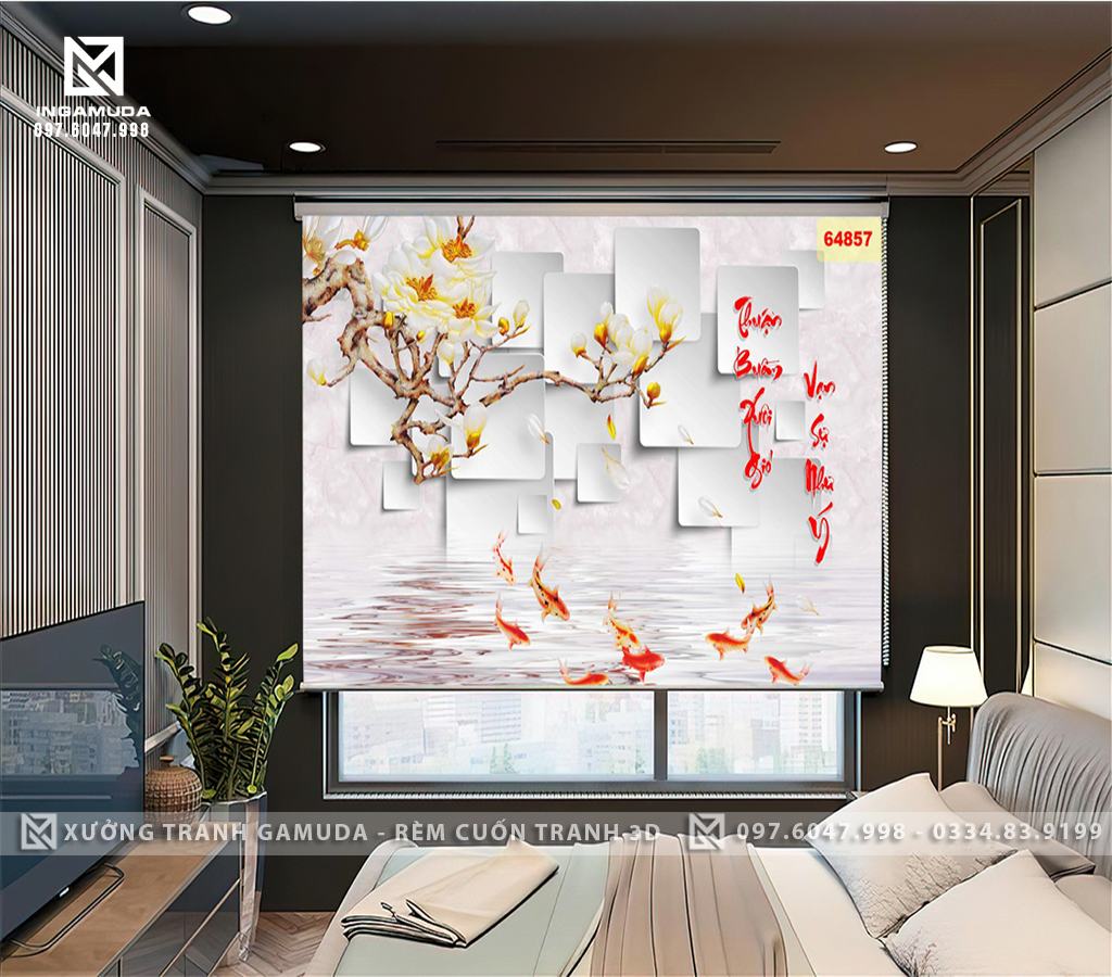 Rèm Cuốn Tranh 3D Cản Sáng Cản Nhiệt In Tranh Cá Chép Hoa Mộc Lan