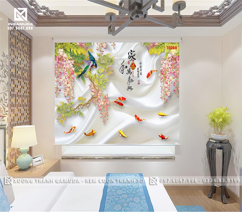 Rèm Cuốn In Tranh 3D Nền Lụa Trắng Mềm Mại Rèm Cản Sáng Cản Nhiệt