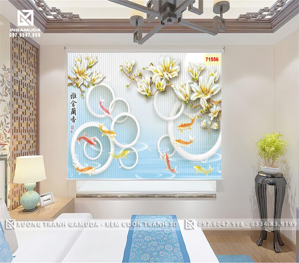Rèm Cuốn Tranh 3D Gamuda Cá Chép Hoa Mộc Lan