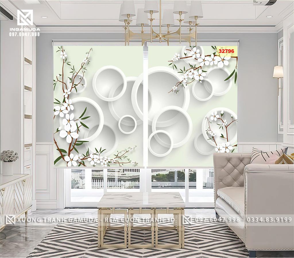 Rèm Cuốn Tranh In Họa Tiết Indochine Hoa Lan Biểu Tượng Cho Sự Giàu Có, Sang Trọng - Rèm Cản Sáng Cản Nhiệt Xưởng Rèm Gamuda