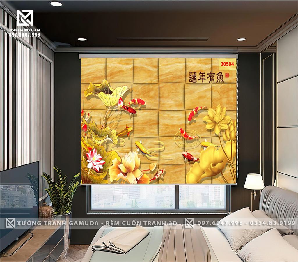 Mô tả chi tiết về mẫu Rèm Cuốn Tranh 3D Các Mẫu Cá Chép Cửu Ngư Nền Vàng