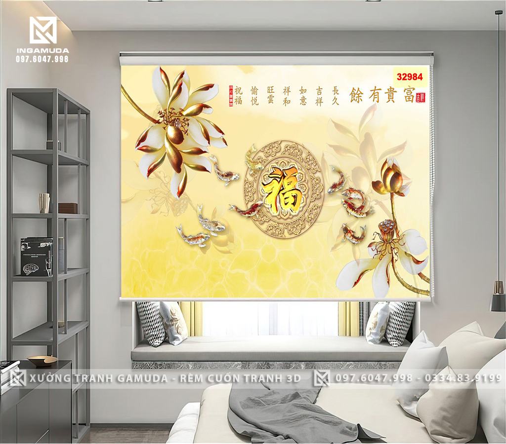 Rèm Cuốn Tranh Nền Vàng Chữ Phúc