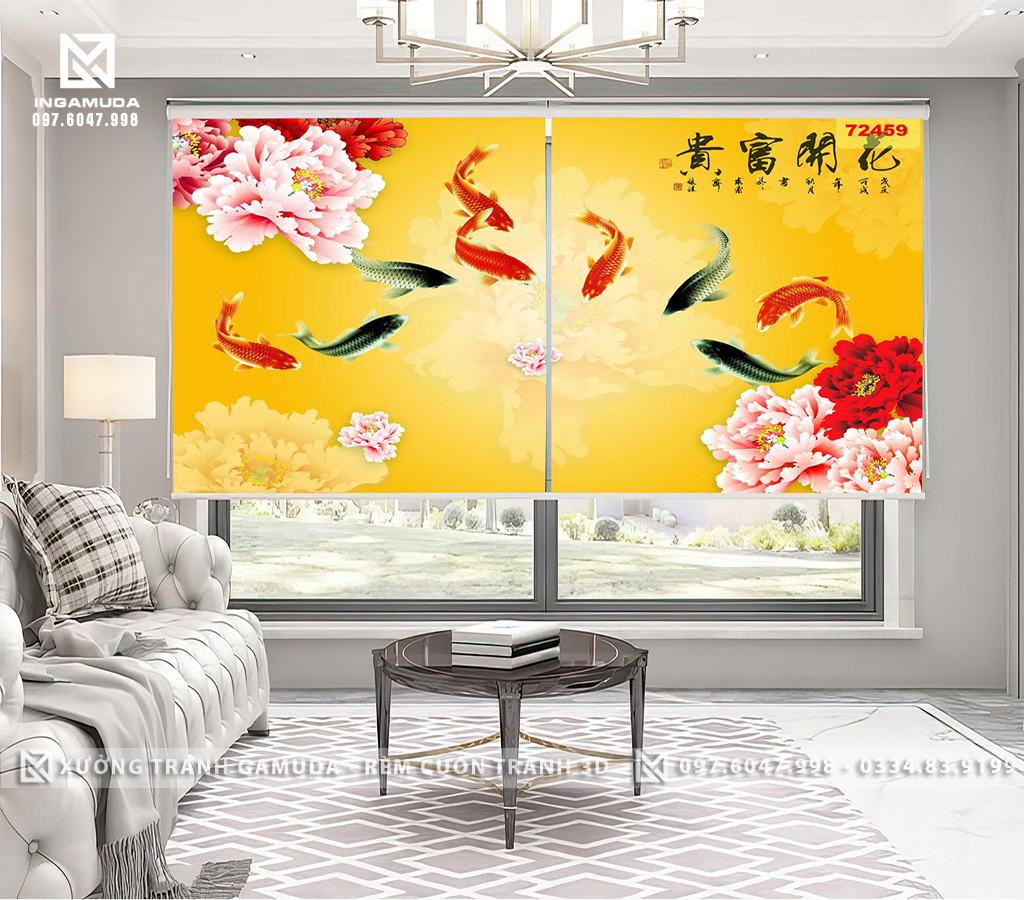 Rèm Cuốn Tranh 3D Các Mẫu Cá Chép Cửu Ngư Nền Vàng Đẹp Nhất