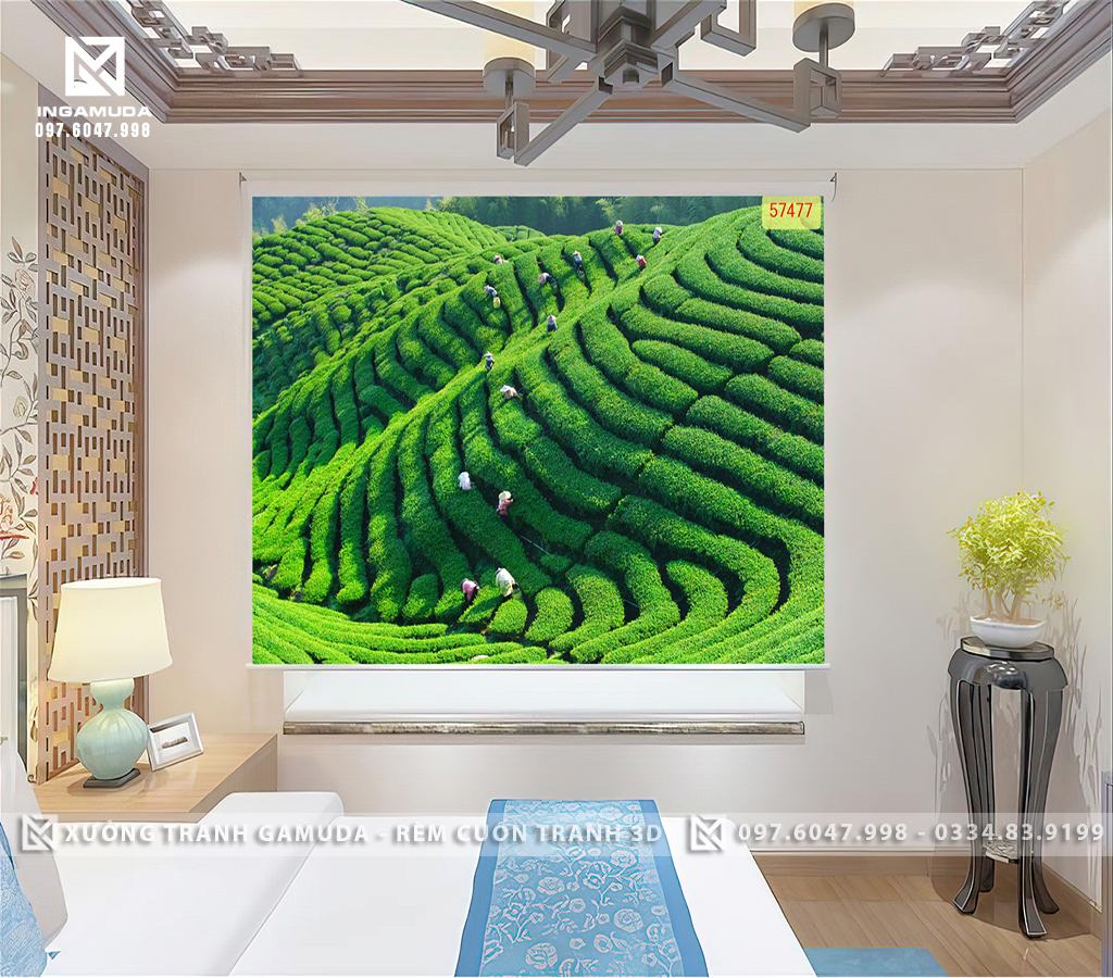Rèm In Tranh 3D In Hình Các Đồng Bào Dân Tộc Vùng Cao Đang Chăm Sóc Ruộng Bậc Thang - Rèm Tranh 3D Phân Phối Cho Đại Lý