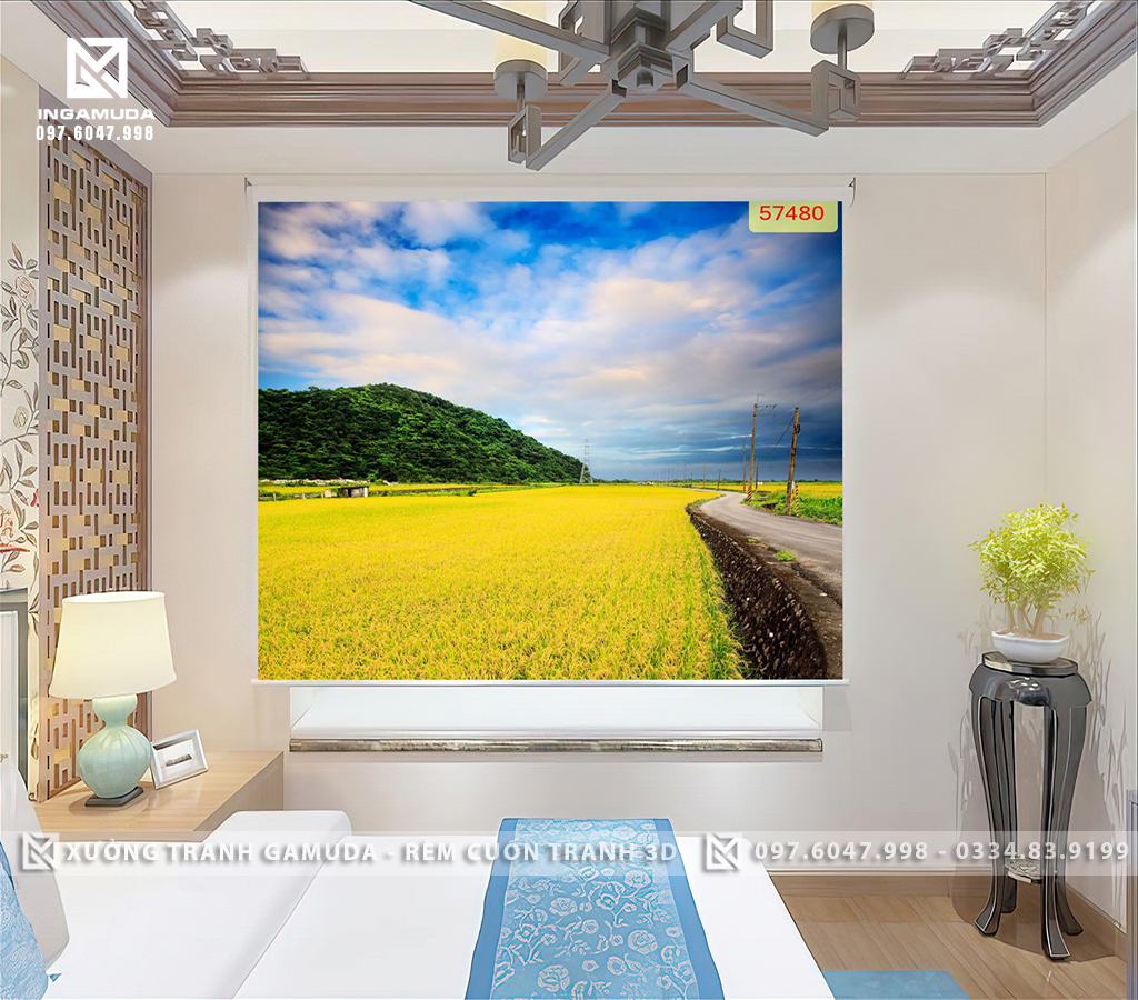 Rèm Cuốn In Tranh 3D In Hình Con Đường Bên Cạnh Là Những Đồng Lúa Chín Màu Vàng Đày Thơ Mộng - Rèm Cản Nắng Cản Nhiệt Tốt