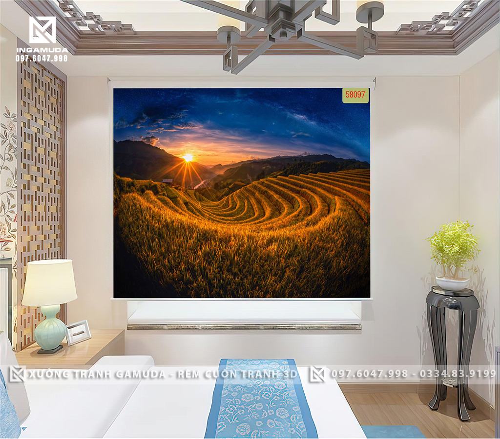 Rèm Cuốn Tranh in Hình Ruộng Bậc Thang Đang Đón Bình Minh Với Những Tia Nắng Đầu Tiên Xuống Mặt Ruộng - Rèm Cuốn Tranh Giá Đại Lý Tốt Nhất