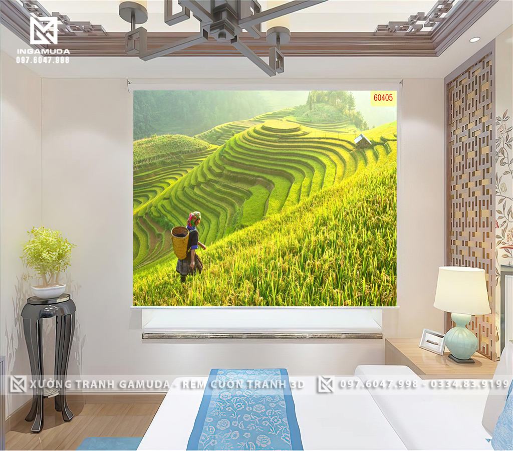 Rèm Cuốn Tranh In Hình Cô Gái Dân Tộc Đang Đi Trên Ruộng Bậc Thang Từng Lớp Vàng Ươm Như Đến Tận Chân Trời - Xưởng Rèm Cuốn Tranh Giá Tại Xưởng