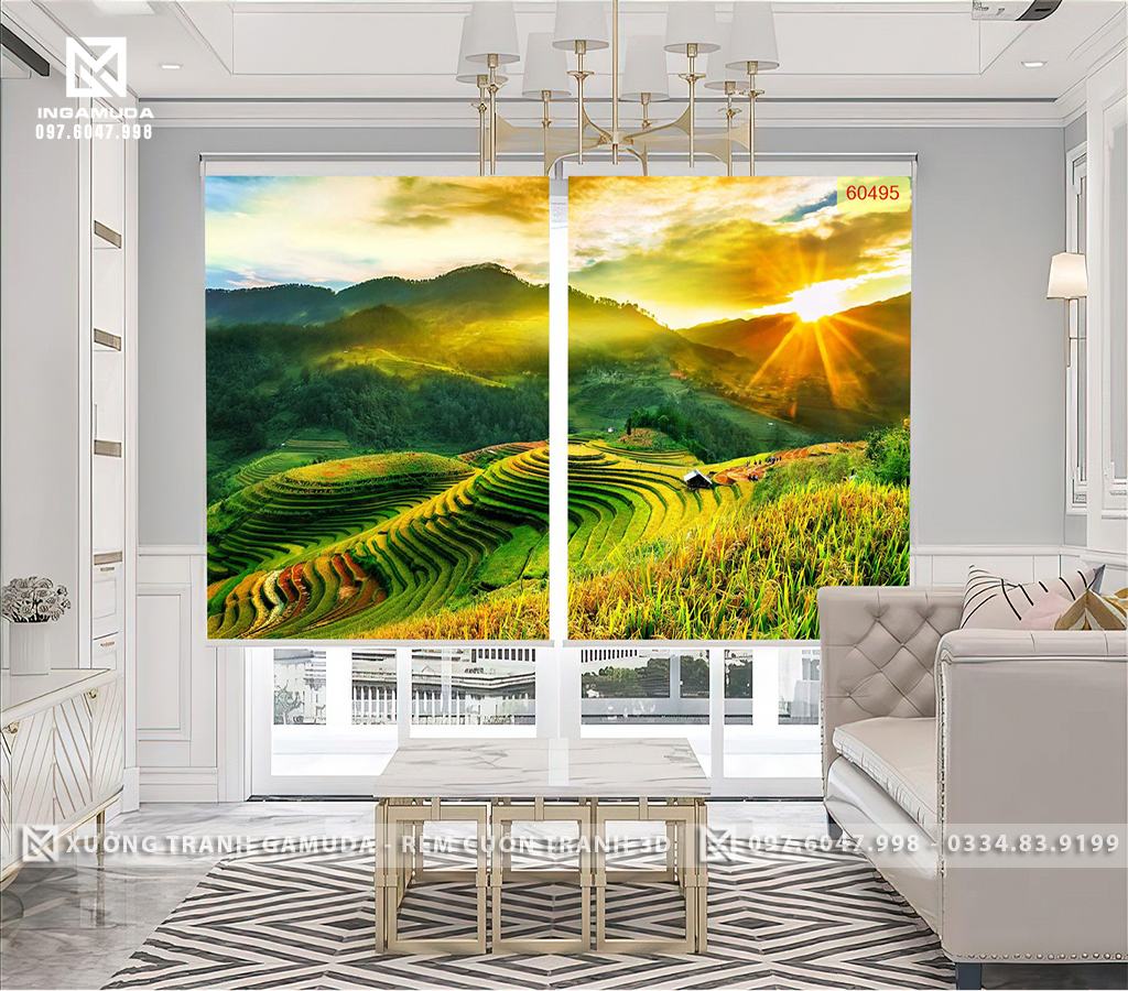 Rèm In Tranh 3D In Hình Ruộng Bậc Thang Lúc Hoàng Hôn Không Gian Chiều Sâu Dành Cho Phòng Khách - Rèm Tranh 3D Giá Đại Lý