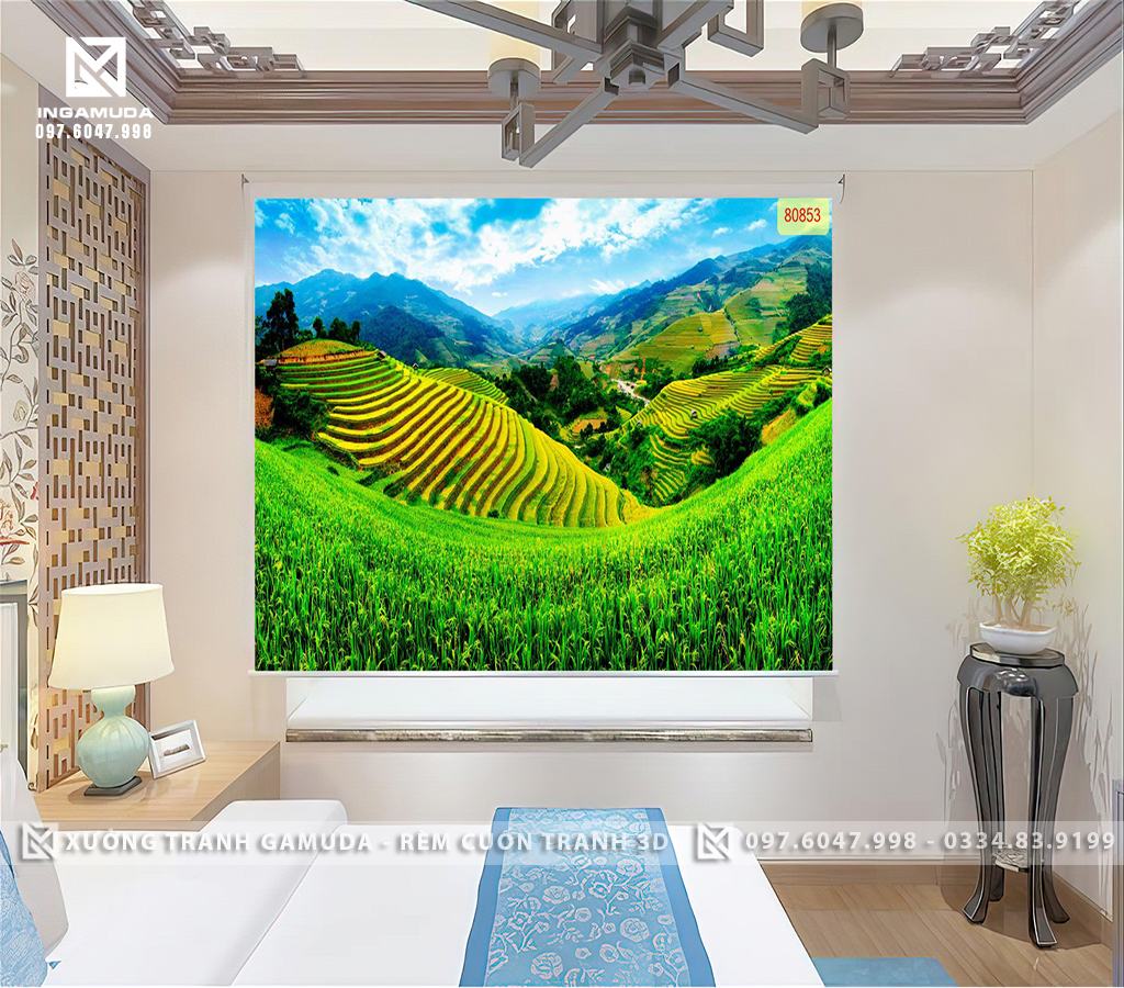 Rèm In Tranh 3D In Hình Ruộng Bậc Thang Trải Dài Đẹp Tựa Như Một Bức Tranh Lụa Thêu - Rèm In Ấn GIá Đại Lý