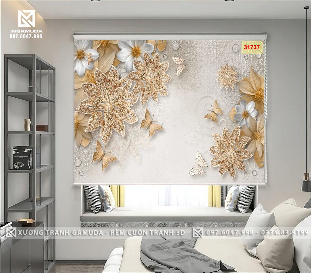 Rèm Cuốn Tranh 3D In Hình Hoa 3D Sang Trọng Trên Nền Ngọc - Xưởng Rèm Cuốn 3D Gamuda 