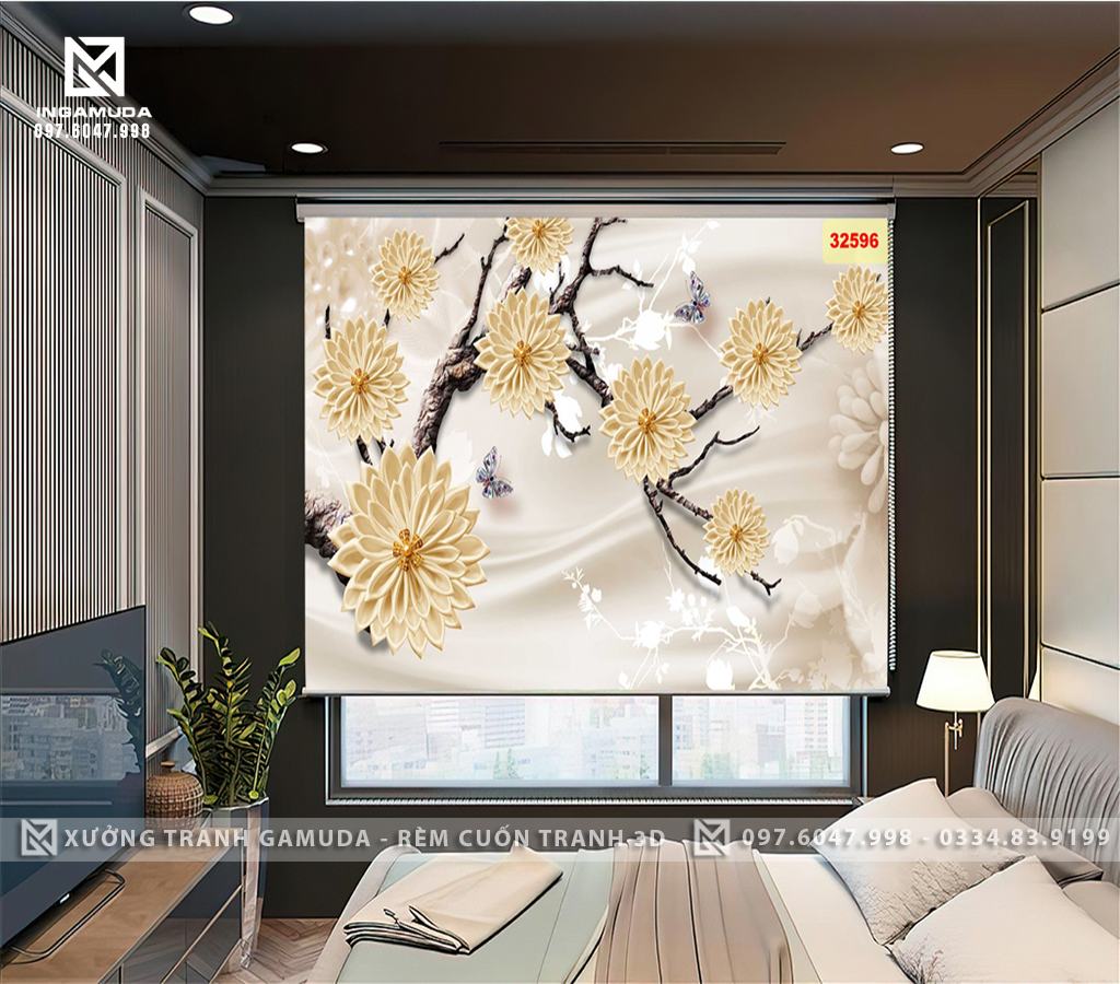  Rèm In Tranh Hình Hoa 3D Sang Trọng Trên Nền Trắng Ngọc - Rèm Tranh 3D Giá Đại Lý 