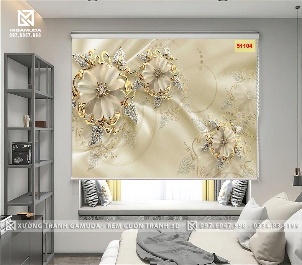 Rèm Cuốn Tranh 3D In HÌnh Hoa Lan Trắng Trên Nền Ngọc Sang Trọng - Xưởng Rèm Cuốn Tranh 3D Gamuda