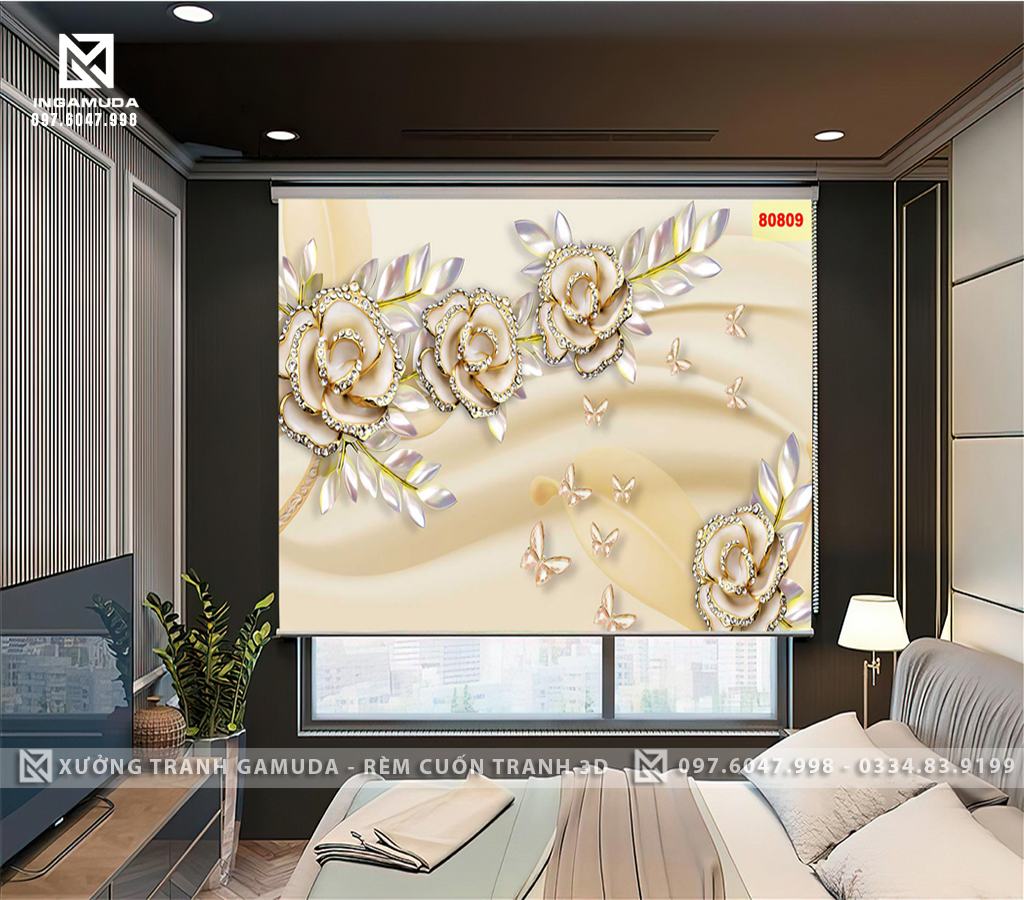 Rèm Cuốn Tranh 3D In Hình Bông Hoa Hồng Trắng 3D Tỏa Lên Sự Sang Trọng Nữ Tính - Rèm Cuốn Tranh Giá Đại Lý
