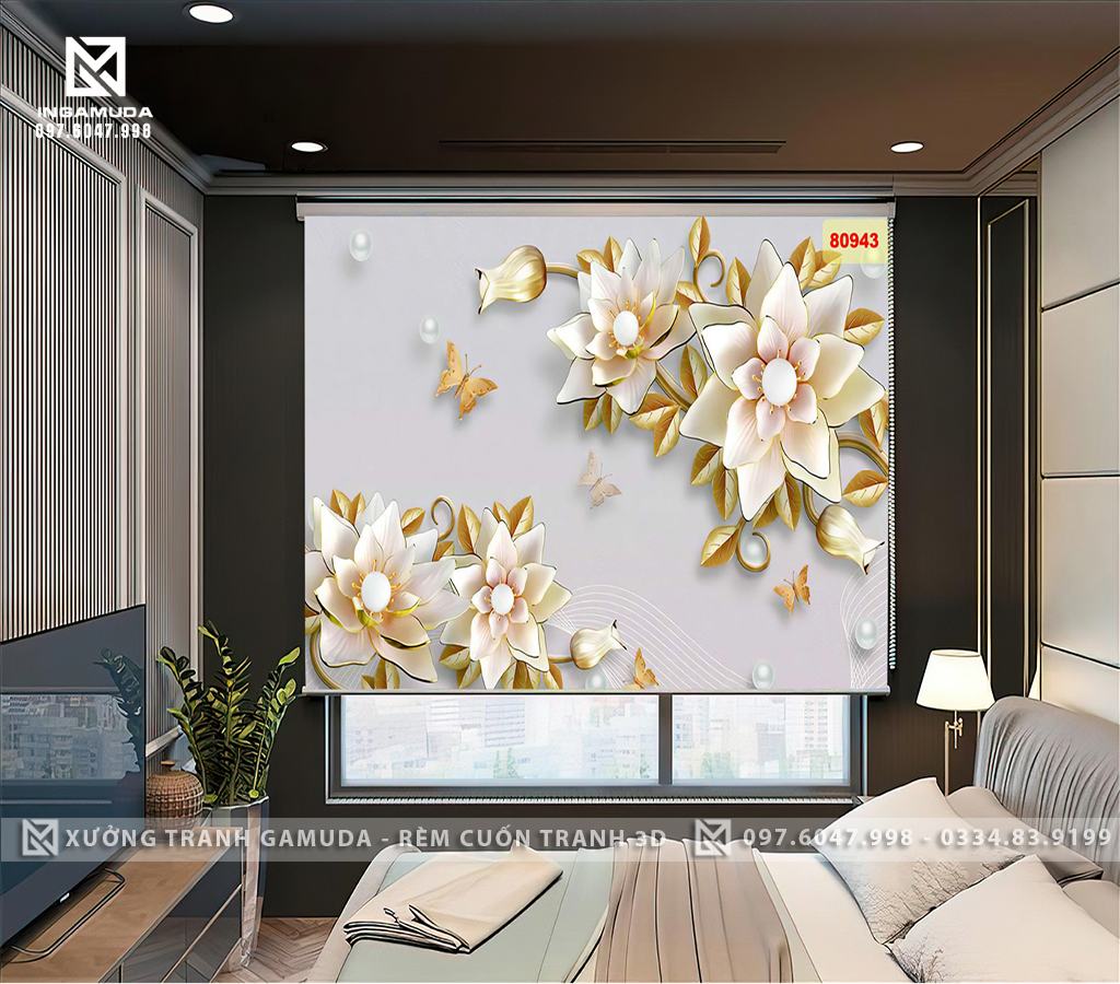 Rèm Cuốn Tranh In Hình Bông Hoa Sen 3D Đang Nở Rộ - Rèm Cuốn Tranh Giá Rẻ