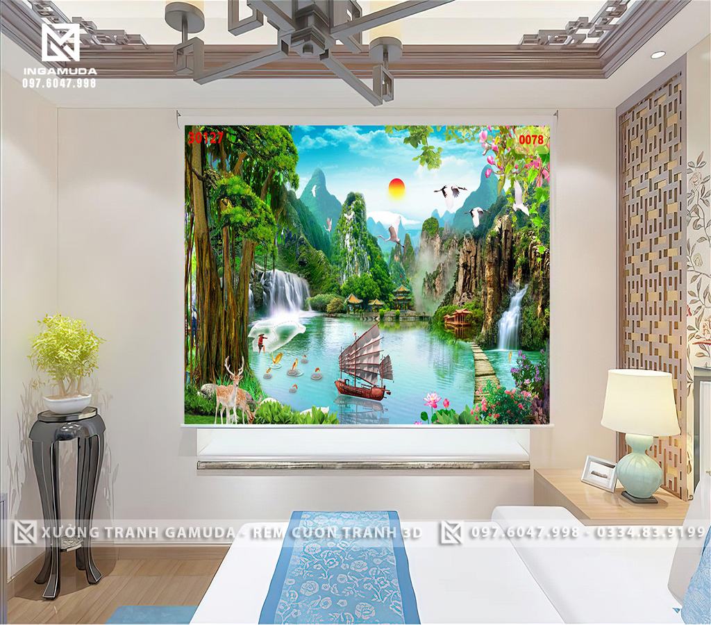 Rèm Tranh 3D In Hình Sơn Thủy Hữu Tình Có Những Ngọn Núi Hùng Vĩ , Có Đàn Hạc Bay Trên Bầu Trời Trong Xanh , Dưới Nước Có Đàn Cá Chép Vàng Đang Nhảy Khỏi Dòng Nước 