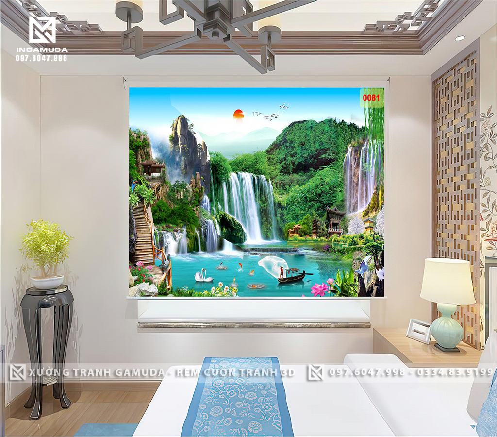 Rèm In Tranh In Hình Tranh Sơn thủy có cả núi và nước đem lại cho con người sức khỏe, hạnh phúc và tài lộc thăng tiến - Rèm Cản Nắng Cản Nhiệt Tốt