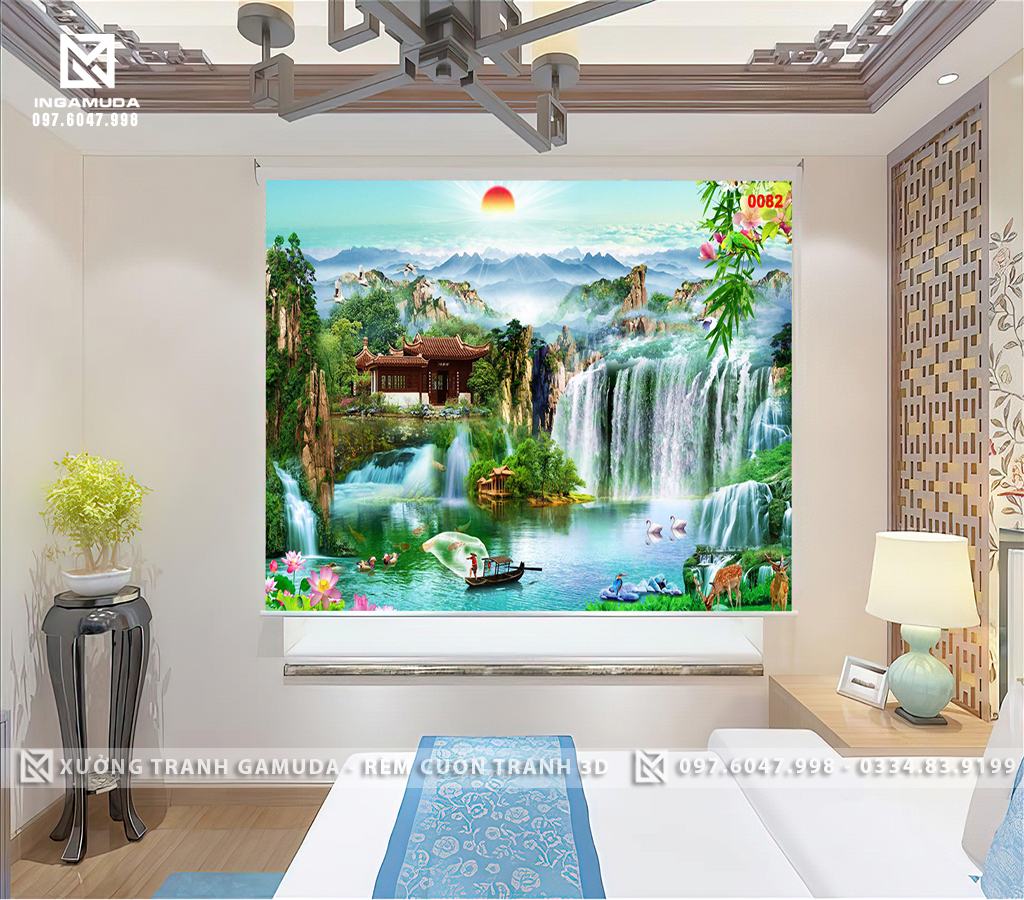 Rèm Tranh 3D In Hình Tranh Sơn Thủy - Phong thủy có câu “Sơn quản đinh nhân, thủy quản tài lộc”. Sơn đem lại vượng tài, tài lộc; thủy đem lại sức khỏe, hạnh phúc cho mỗi người