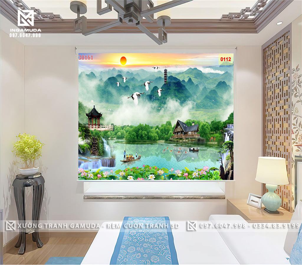 Rèm Cuốn Tranh In Hình Sơn Thủy Hữu Tình Có Những Ngọn Núi Trùng Trùng Điệp Điệp Sau Những Dải Mây Trắng Và Những Thác Nước Đang Chảy Từ Thượng Nguồn Xuống Thật Kì Vĩ Làm Sao 