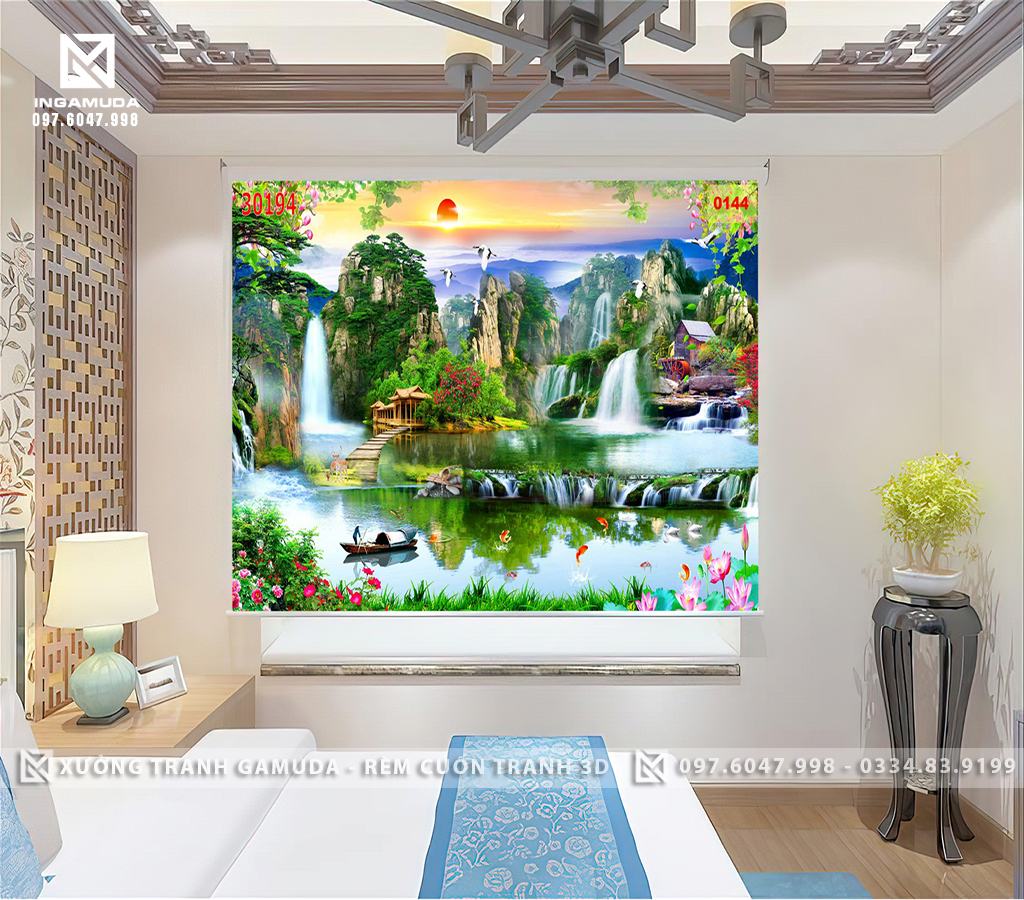 Rèm Cuốn In Tranh 3D In HÌnh Tranh Sơn Thủy Hữu Tình Nét đẹp rất tình ấy tạo nên sự hoàn hảo, sự luân chuyển tuần hoàn và sức sống bền bỉ thách thức với thời gian