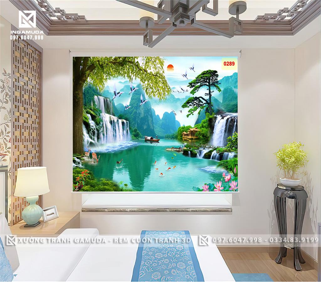 Rèm Cuốn Tranh Sơn Thủy Hữu Tình Có Những núi non trùng điệp và cảnh thiên nhiên thác nước hoặc sông nước bao la hùng vĩ 